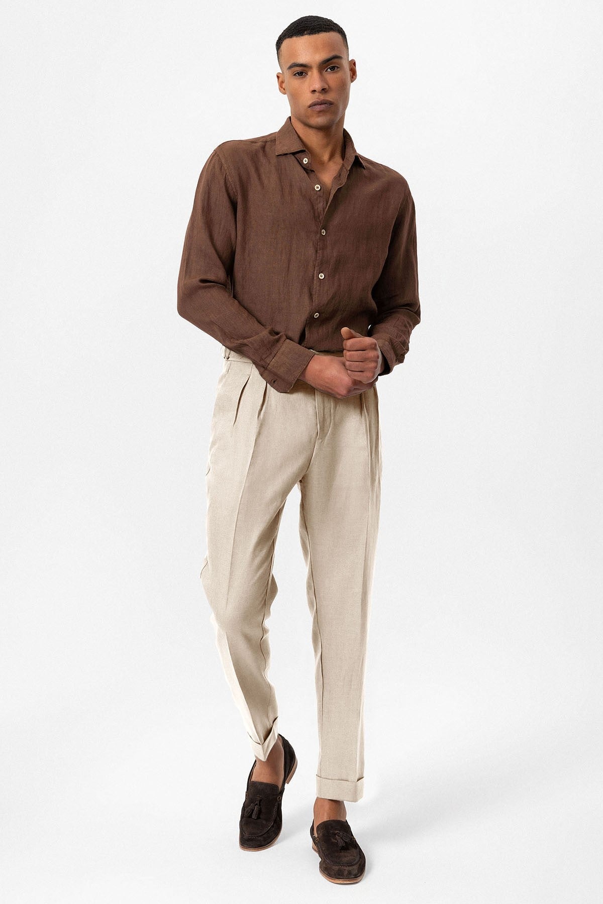 100% Linen High-Waisted Pleated Men's Pants