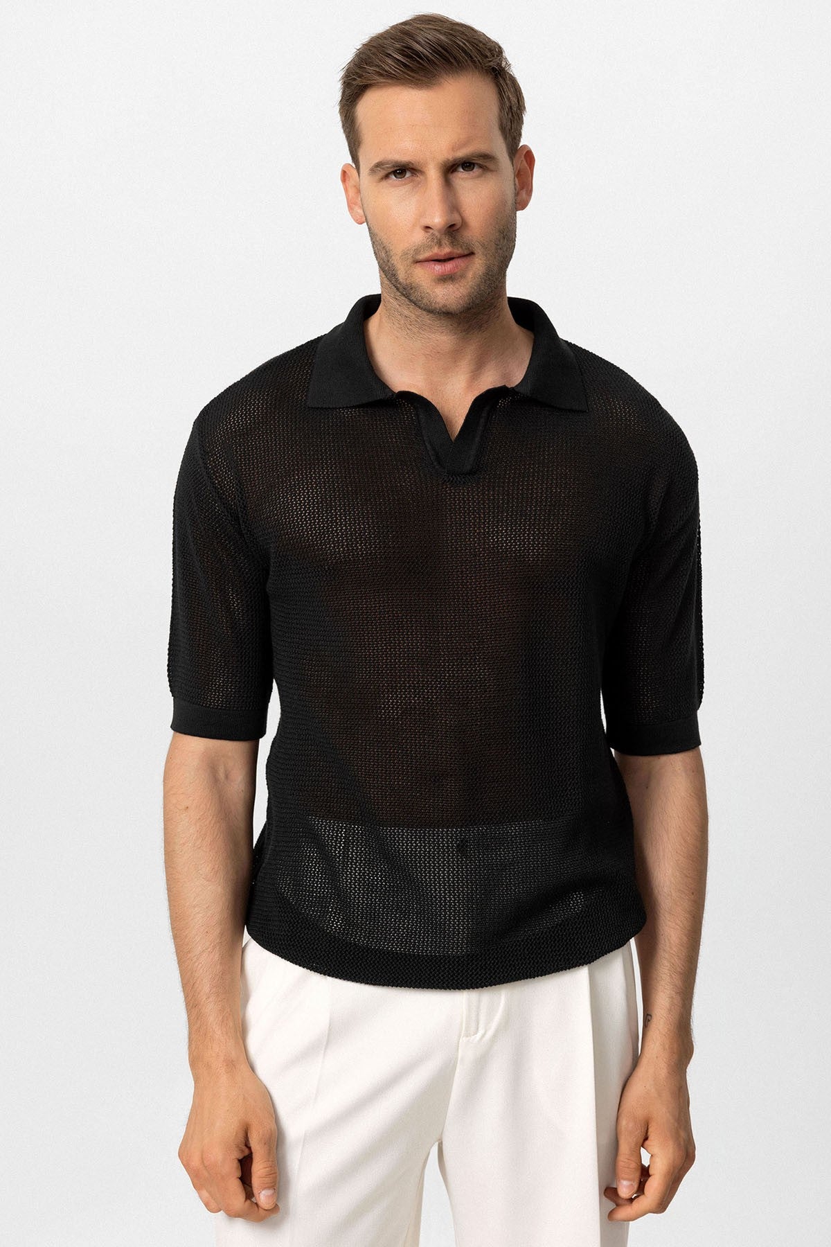 Men's Polo-Neck Openwork T-Shirt