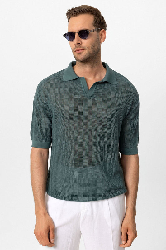 Men's Polo-Neck Openwork T-Shirt