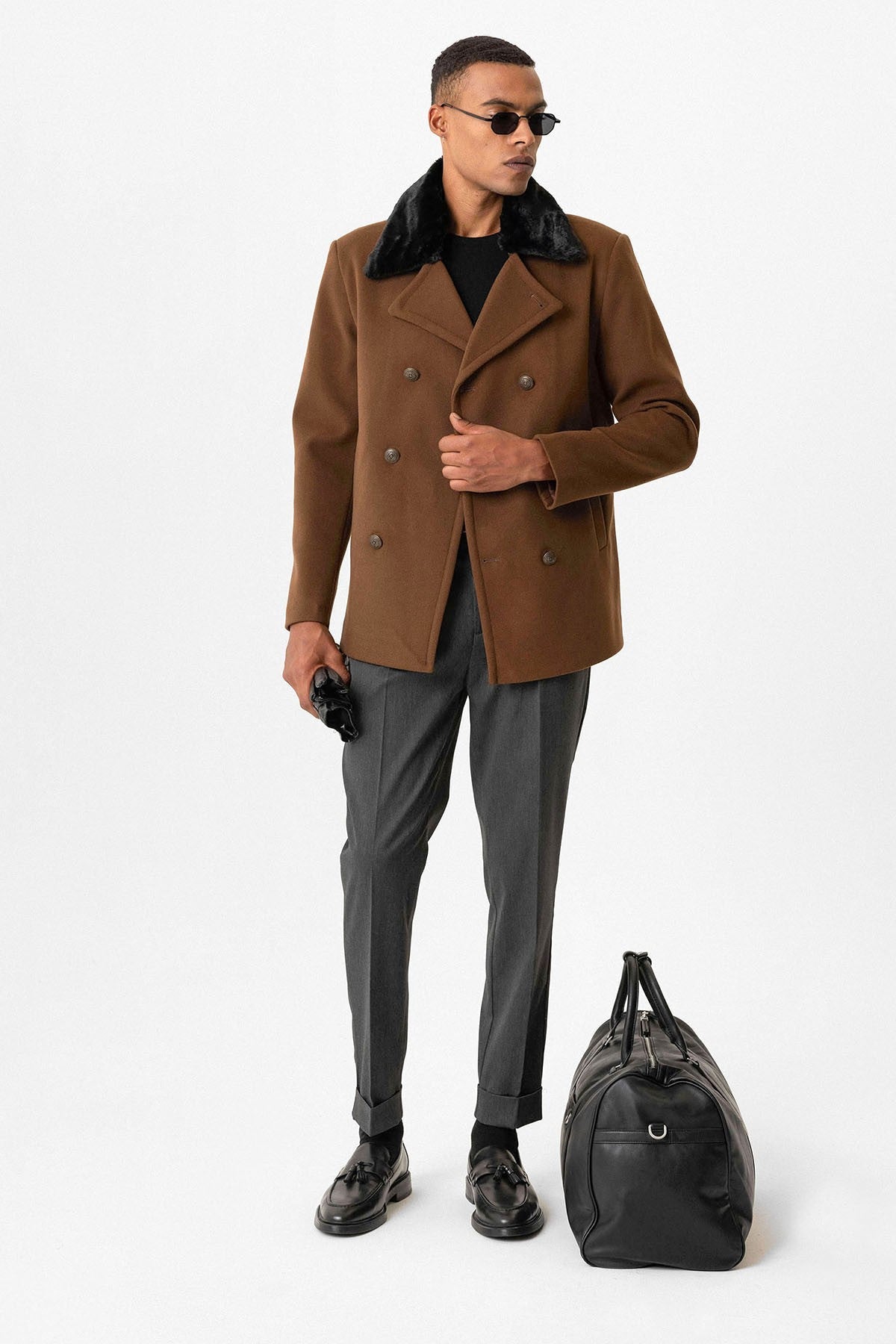 Antioch Men's Coat with Fur Collar and Double-Breasted Closure