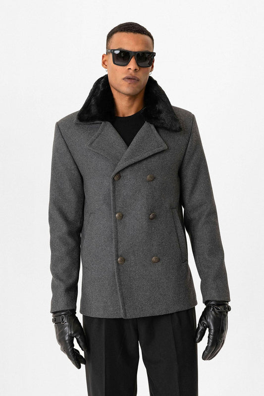Antioch Men's Coat with Fur Collar and Double-Breasted Closure