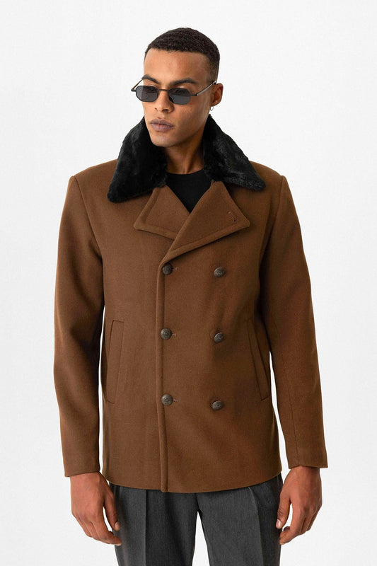 Antioch Men's Coat with Fur Collar and Double-Breasted Closure