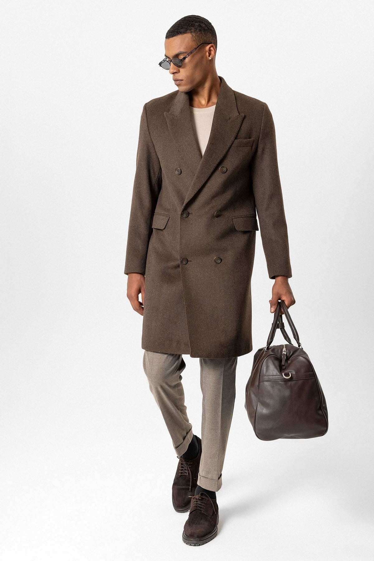 Men's Double-Breasted Coat with Wool Blend