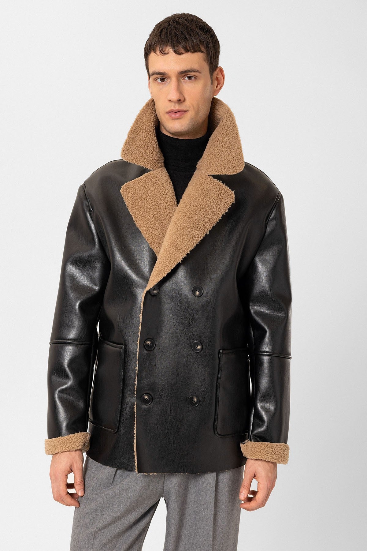 Antioch Astar Detailed Faux Leather Double-Breasted Men's Coat