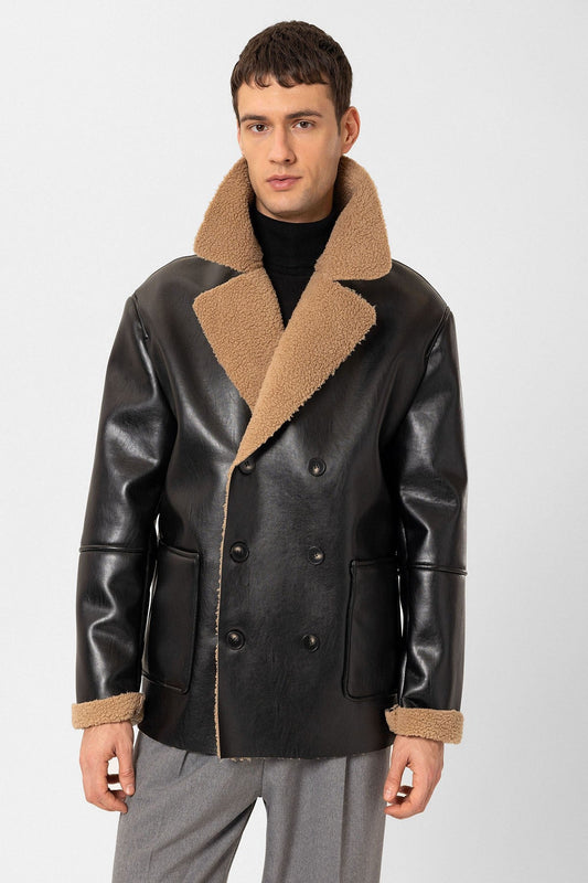 Antioch Astar Detailed Faux Leather Double-Breasted Men's Coat