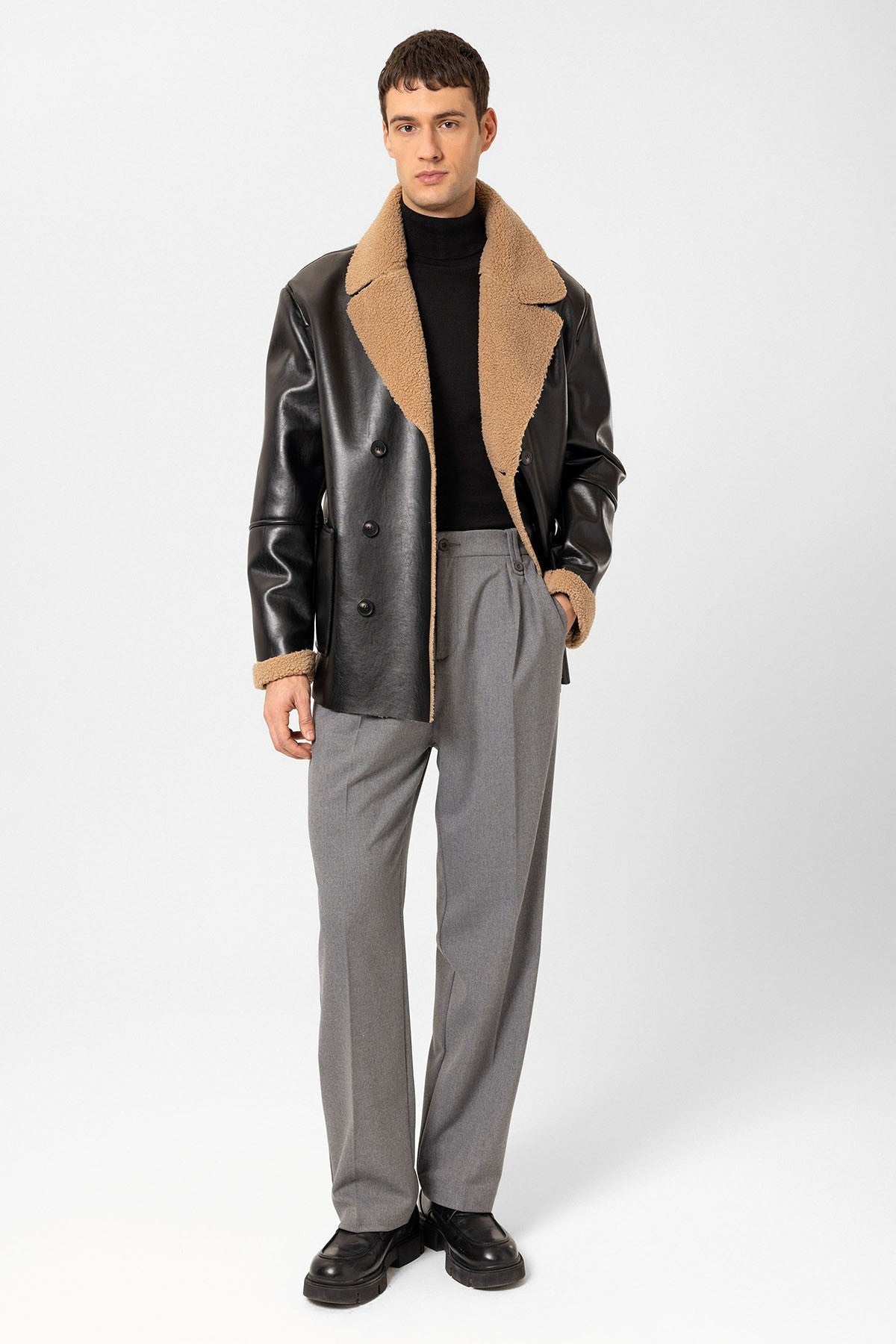 Antioch Astar Detailed Faux Leather Double-Breasted Men's Coat