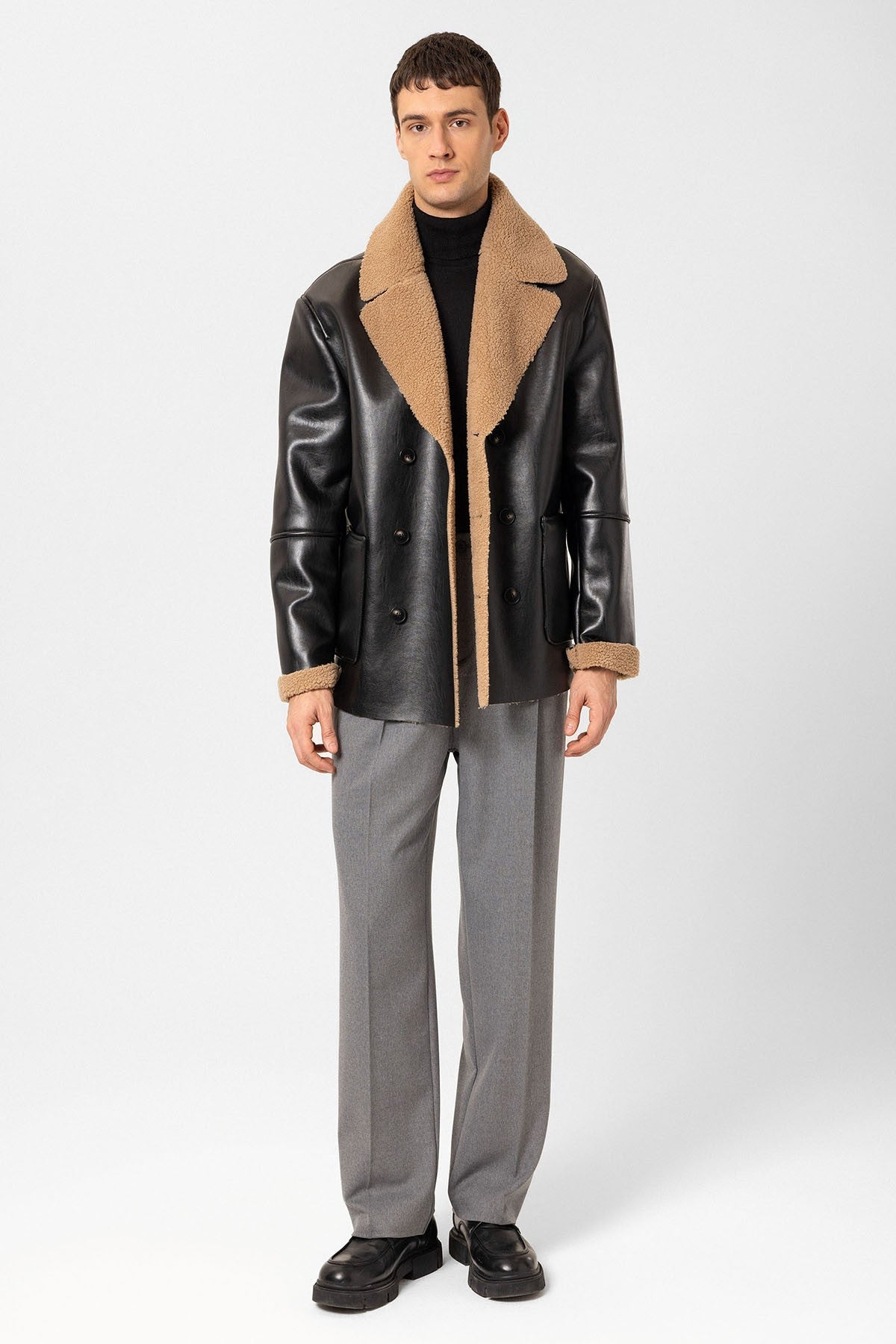 Antioch Astar Detailed Faux Leather Double-Breasted Men's Coat