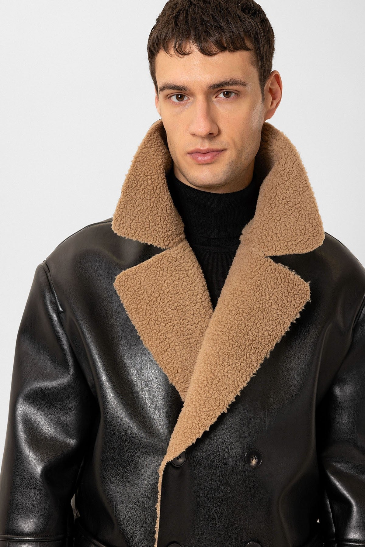 Antioch Astar Detailed Faux Leather Double-Breasted Men's Coat