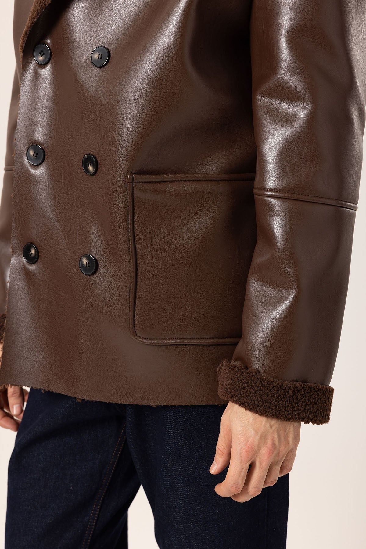 Antioch Astar Detailed Faux Leather Double-Breasted Men's Coat