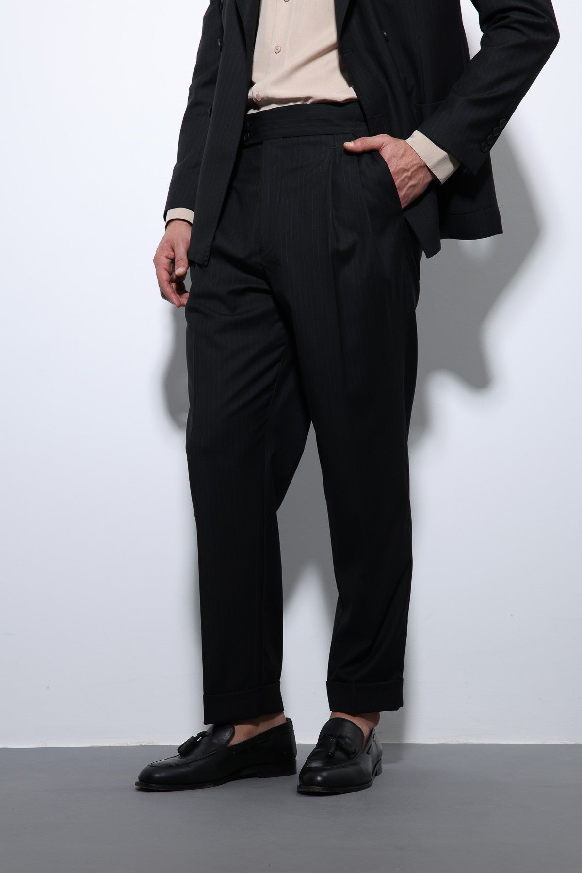 Double-Breasted, Italian-Cut, Wool-Blend Striped Men's Technical Suit