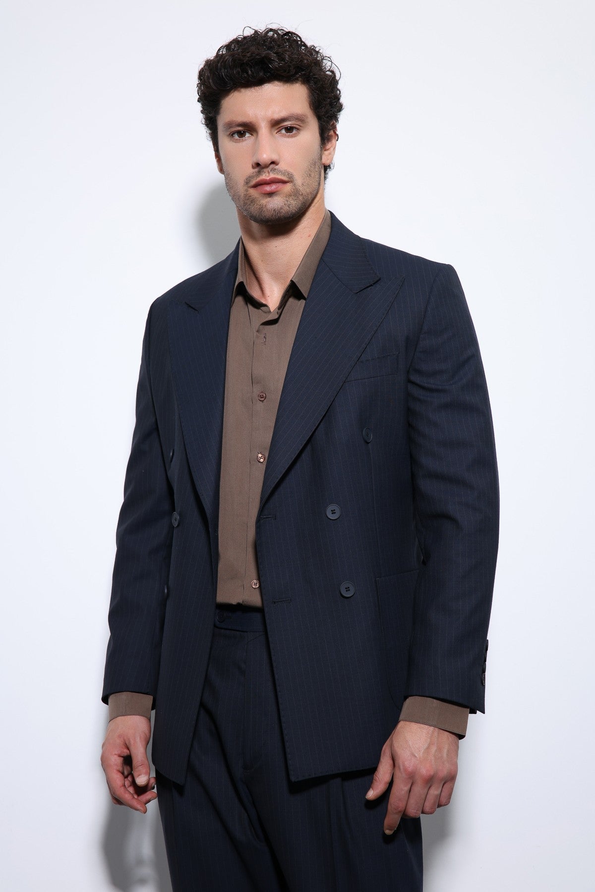 Double-Breasted, Italian-Cut, Wool-Blend Striped Men's Technical Suit