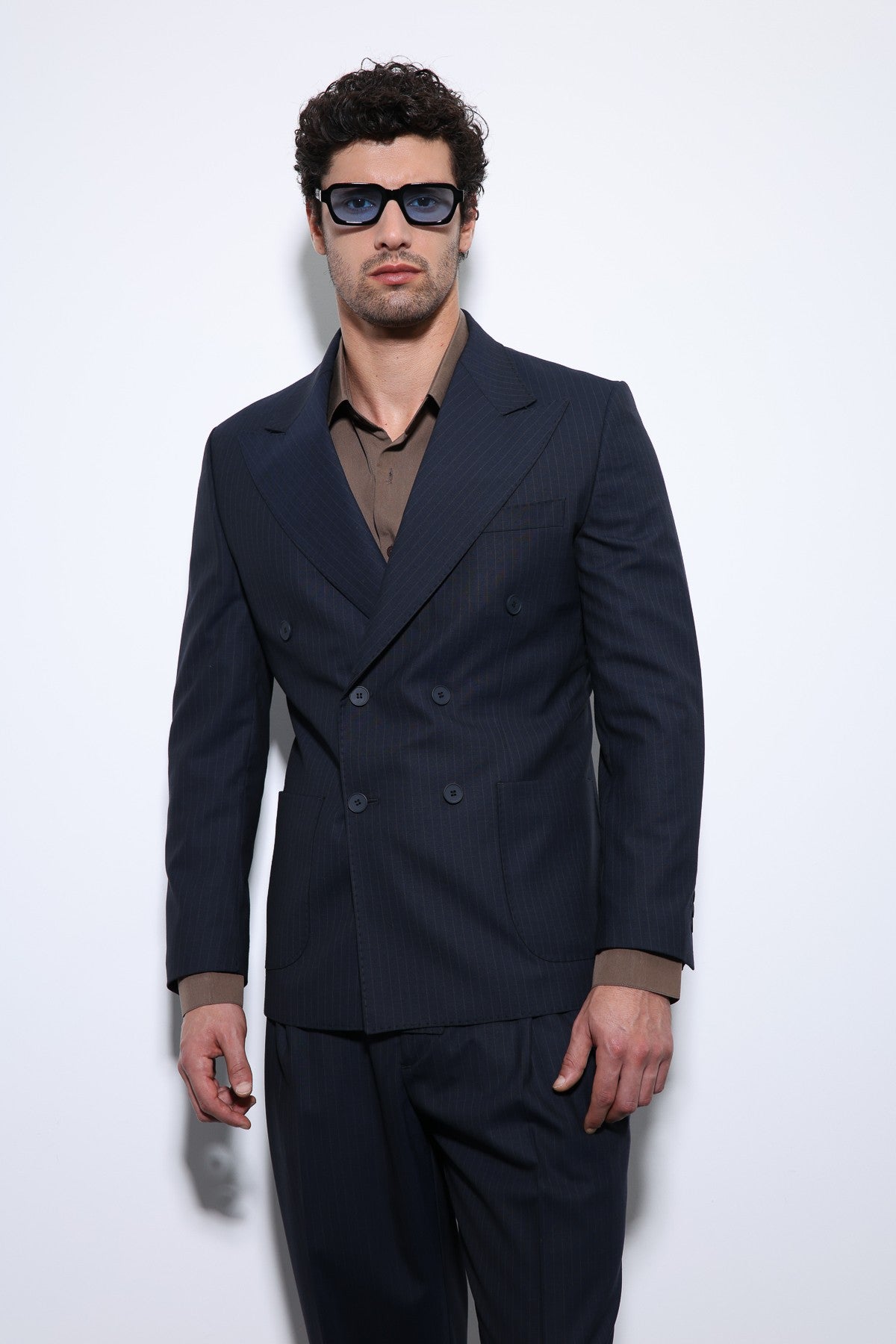 Double-Breasted, Italian-Cut, Wool-Blend Striped Men's Technical Suit