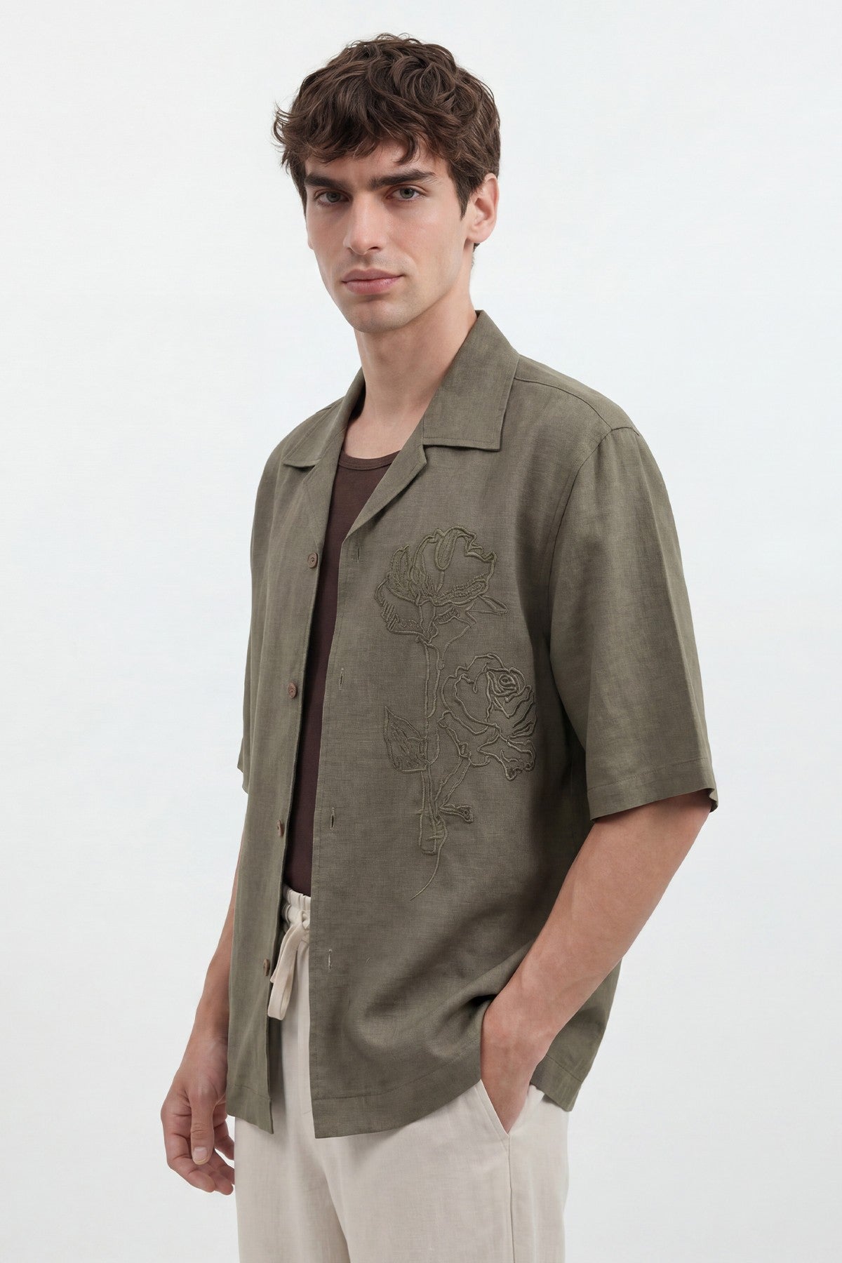 Men's Embroidered Shirt with Linen Blend