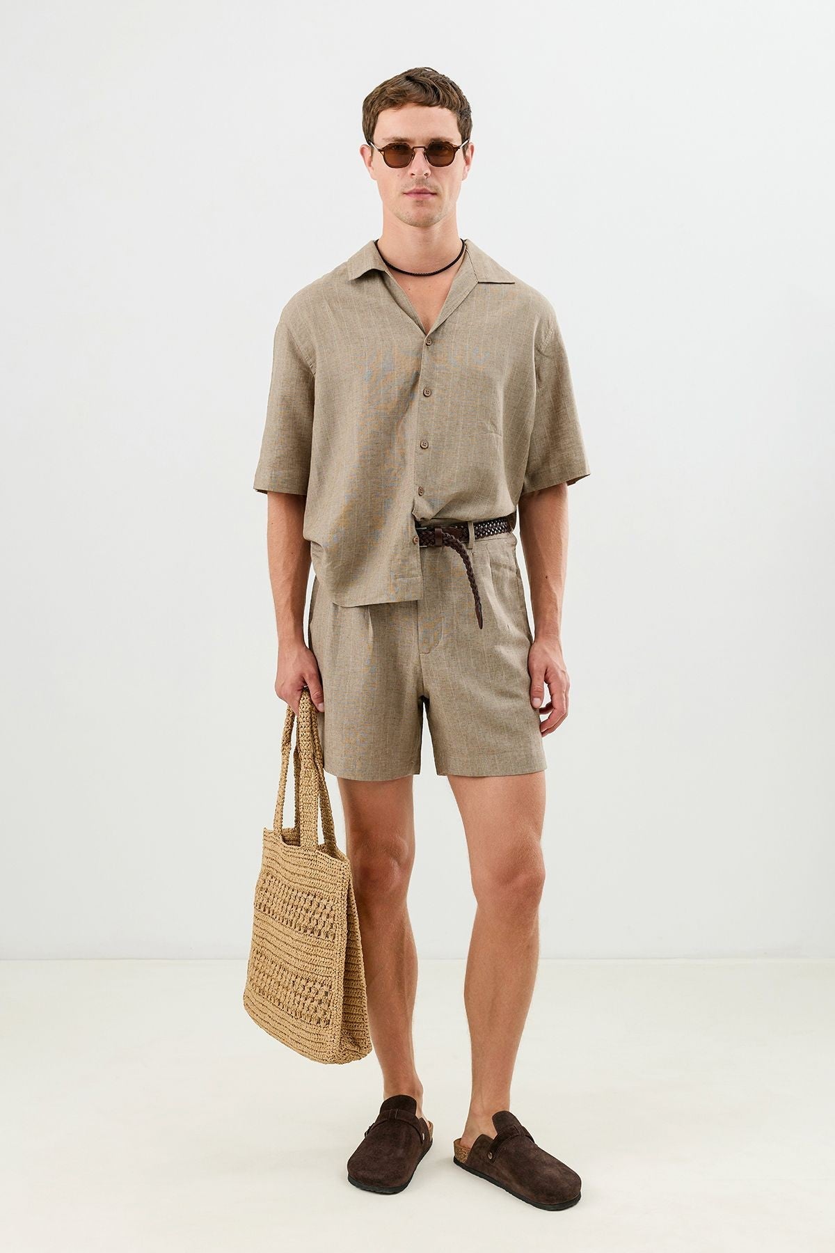 Linen-Blend Striped Pleated Shorts