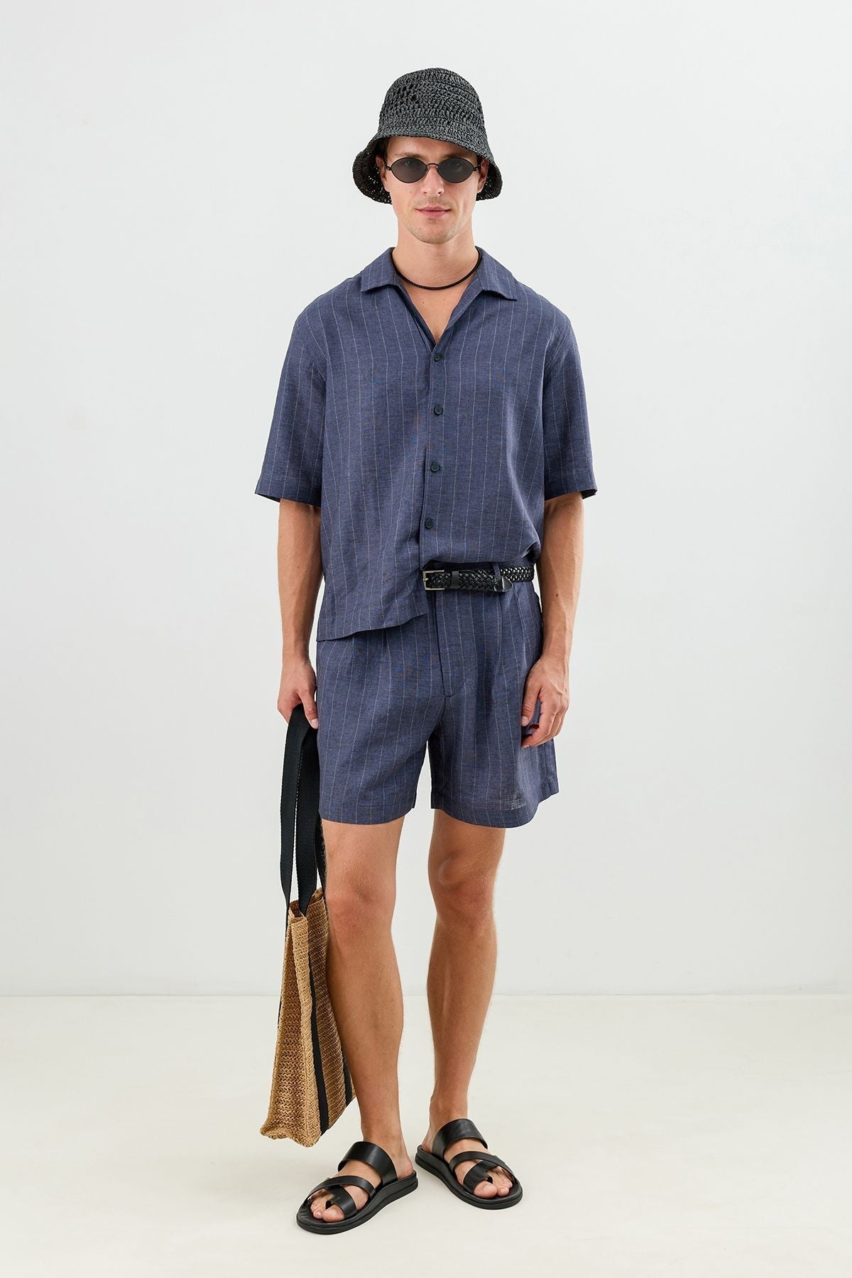 Linen-Blend Striped Pleated Shorts