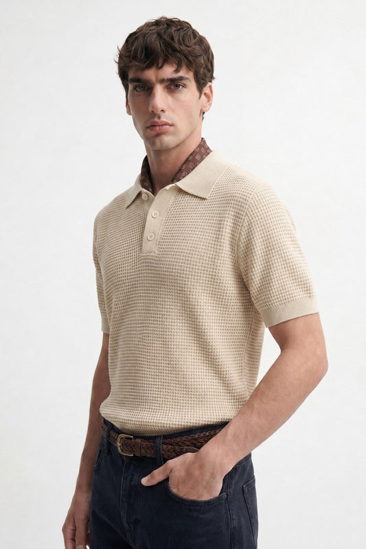 Men's Knitted-Textured Polo-Neck T-Shirt