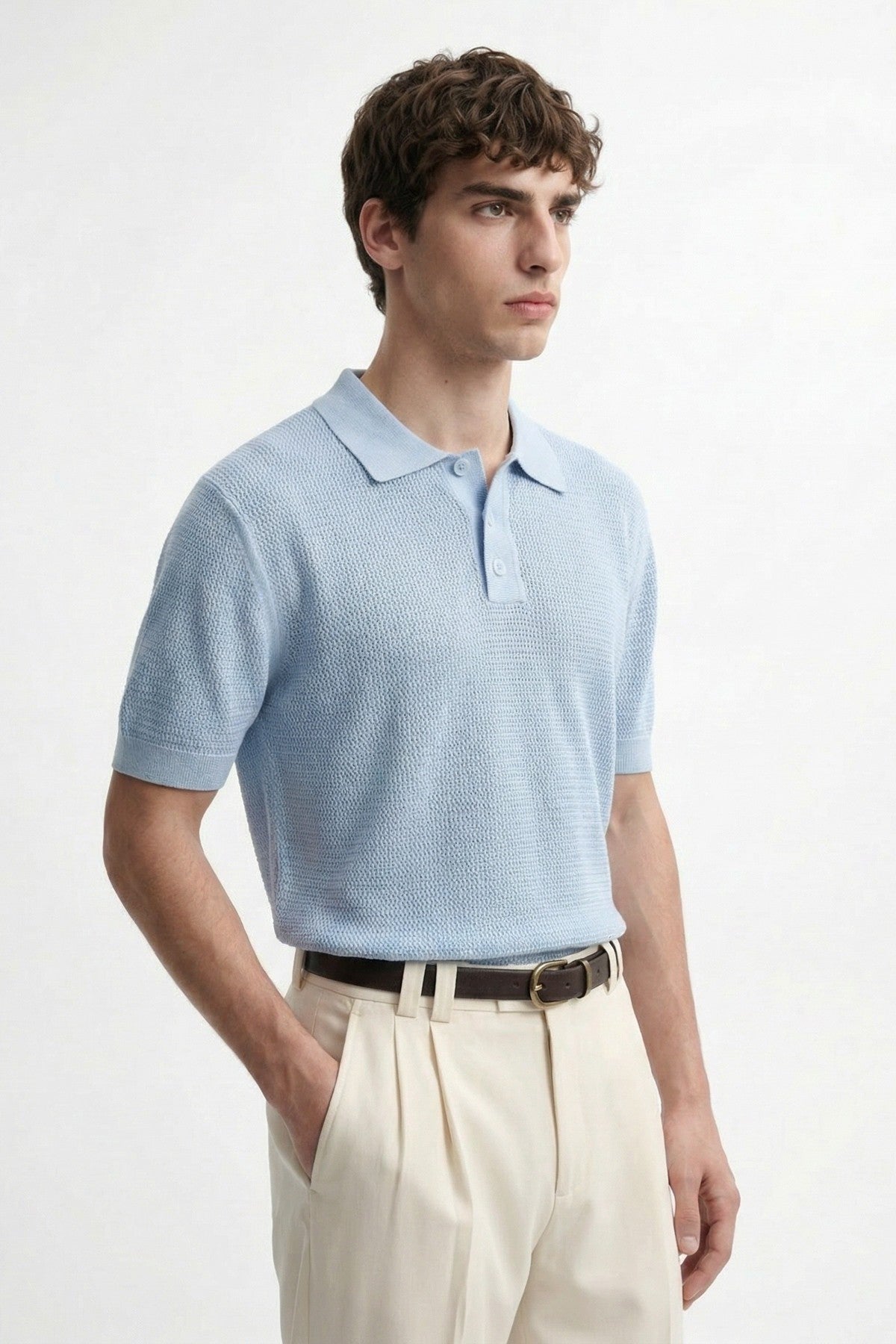 Men's Knitted-Textured Polo-Neck T-Shirt
