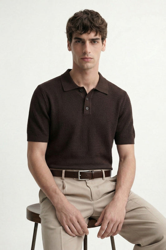 Men's Knitted-Textured Polo-Neck T-Shirt