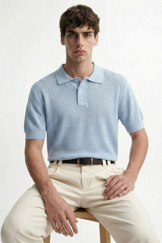 Men's Knitted-Textured Polo-Neck T-Shirt