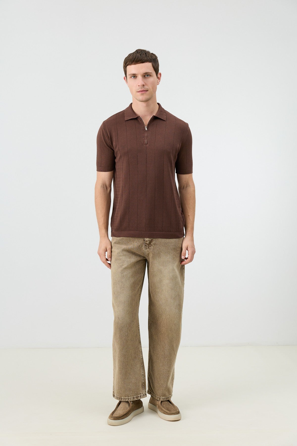 Antioch Zip-Up Collar Striped Knit Men's T-Shirt