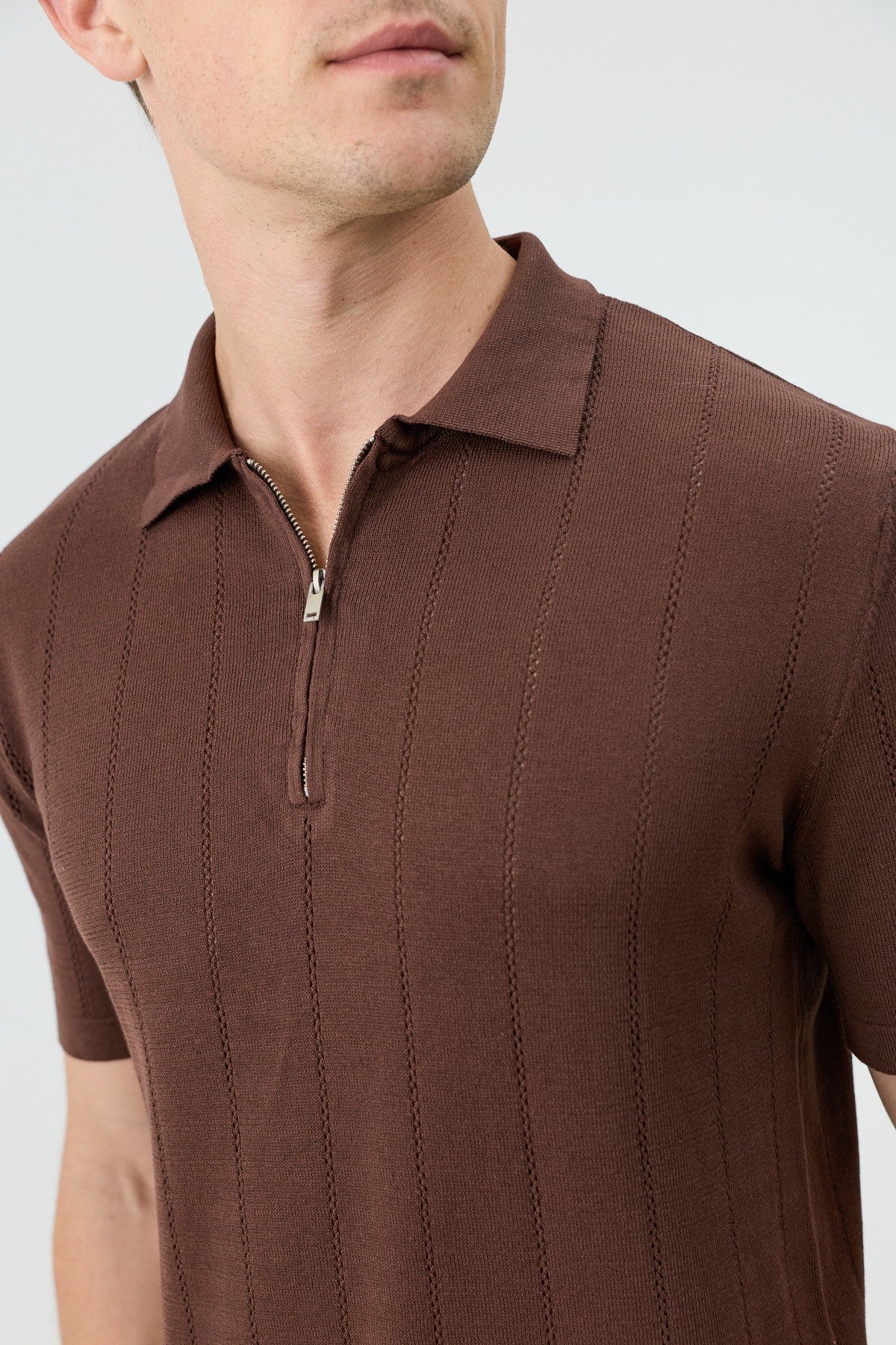 Antioch Zip-Up Collar Striped Knit Men's T-Shirt