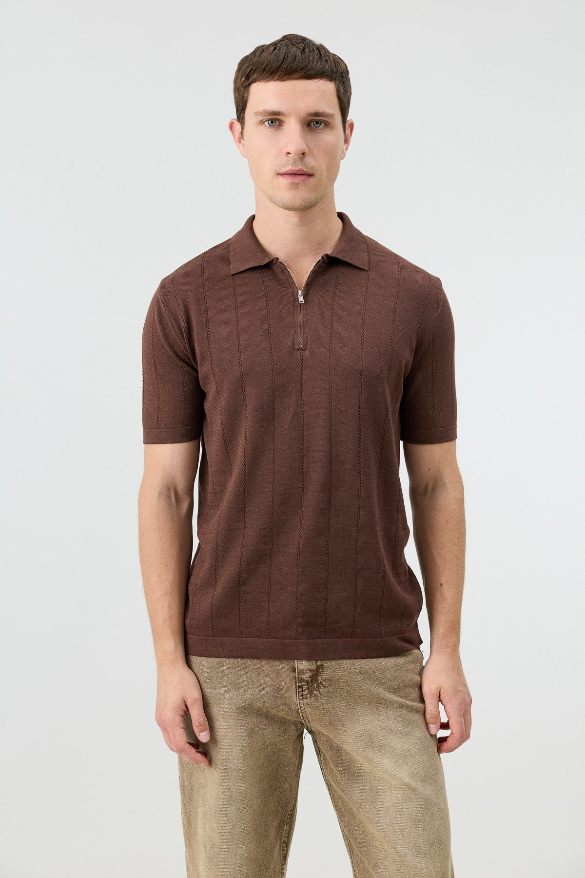 Antioch Zip-Up Collar Striped Knit Men's T-Shirt
