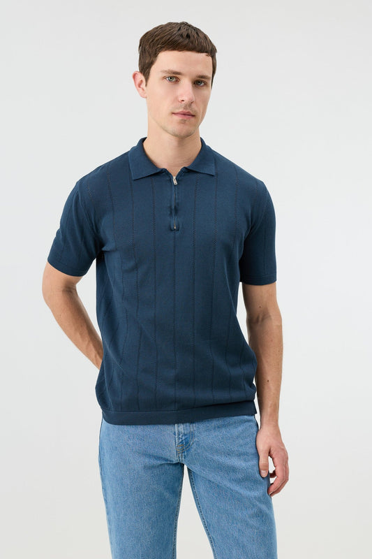 Antioch Zip-Up Collar Striped Knit Men's T-Shirt