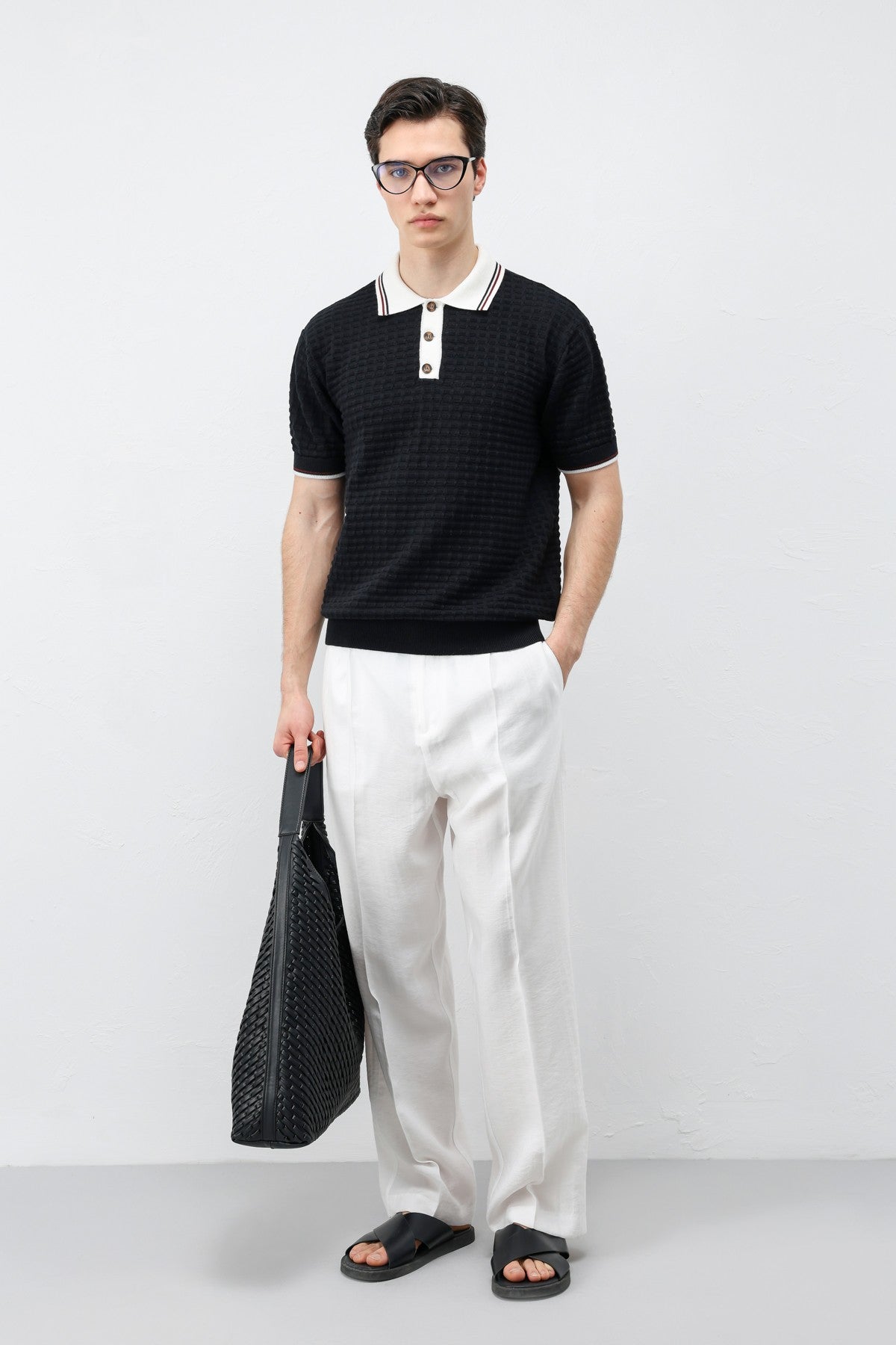Cotton-Blend Textured Polo Neck Sweater