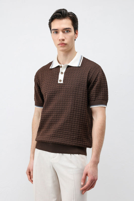 Cotton-Blend Textured Polo Neck Sweater