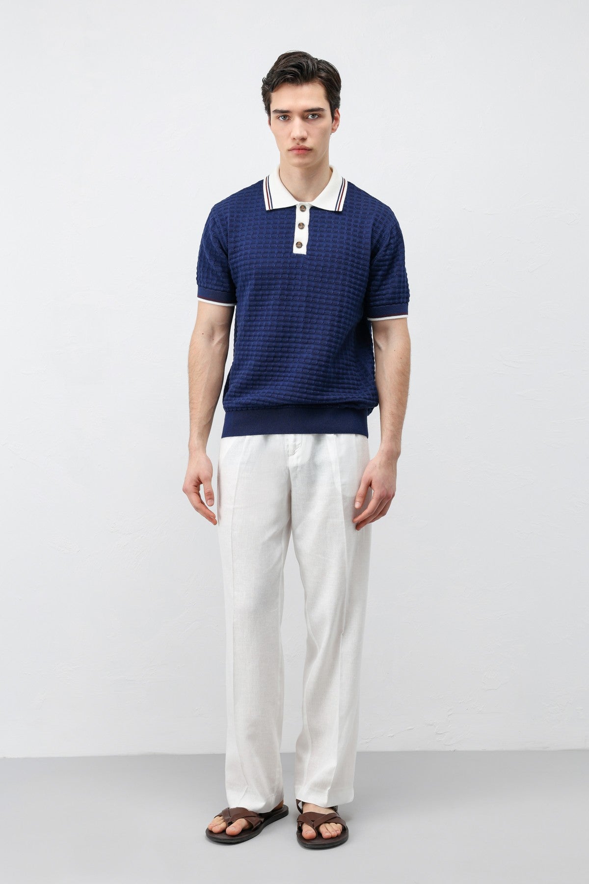 Cotton-Blend Textured Polo Neck Sweater