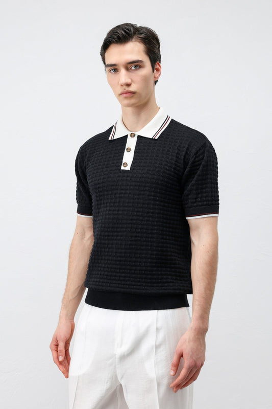 Cotton-Blend Textured Polo Neck Sweater