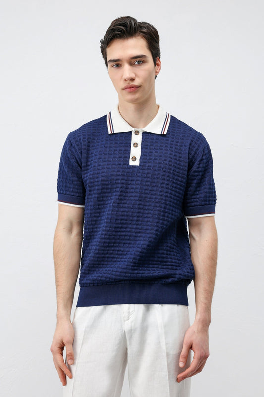 Cotton-Blend Textured Polo Neck Sweater