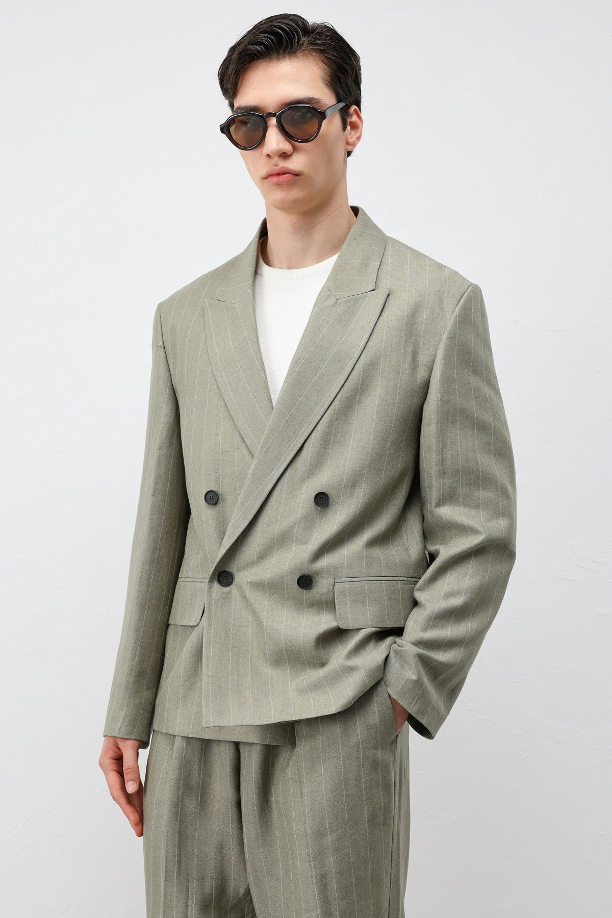 Men's Striped Blazer Jacket with Linen Blend