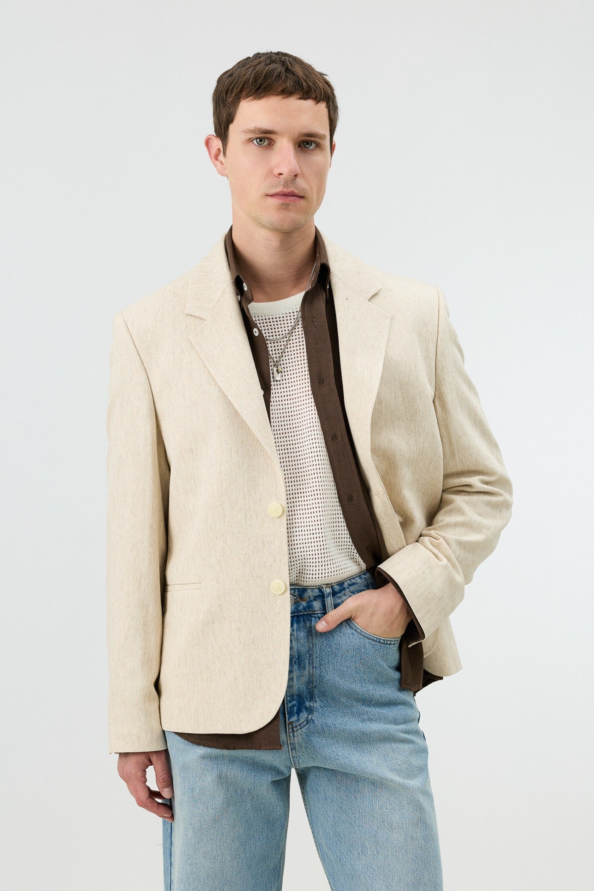 Men's Blazer Jacket with Herringbone Pattern in a Linen-Blend Fabric from Antioch