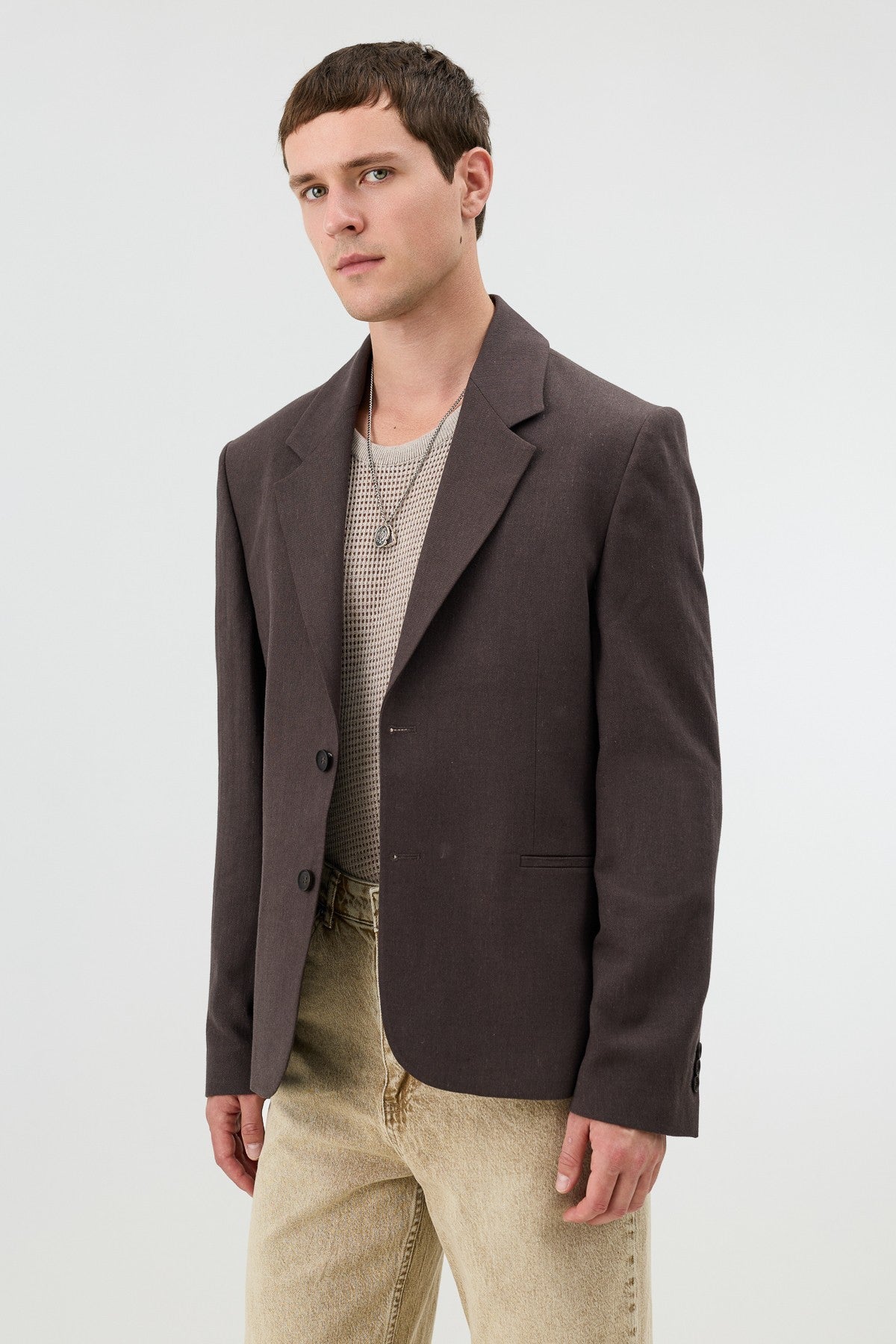 Men's Blazer Jacket with Herringbone Pattern in a Linen-Blend Fabric from Antioch