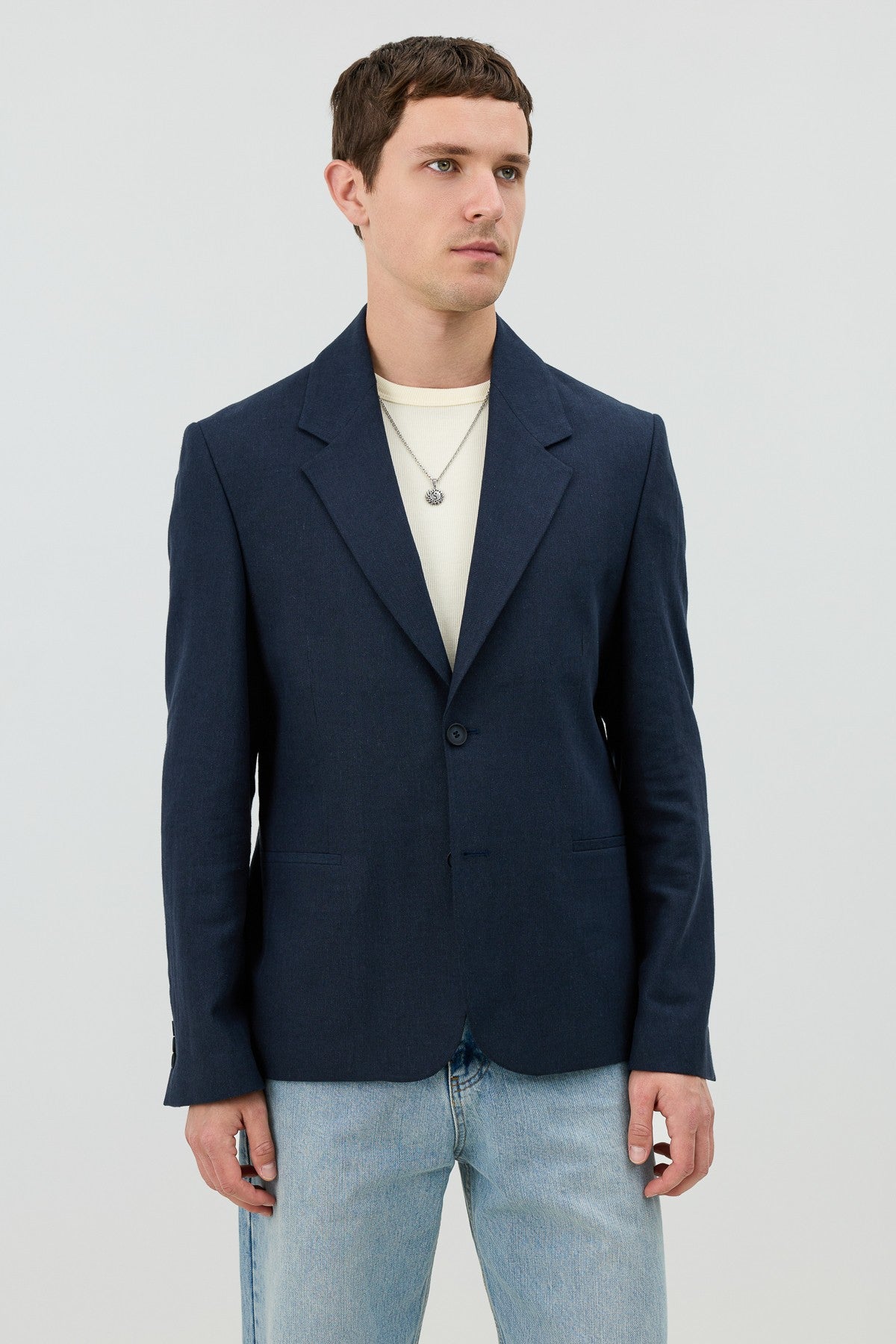 Men's Blazer Jacket with Herringbone Pattern in a Linen-Blend Fabric from Antioch
