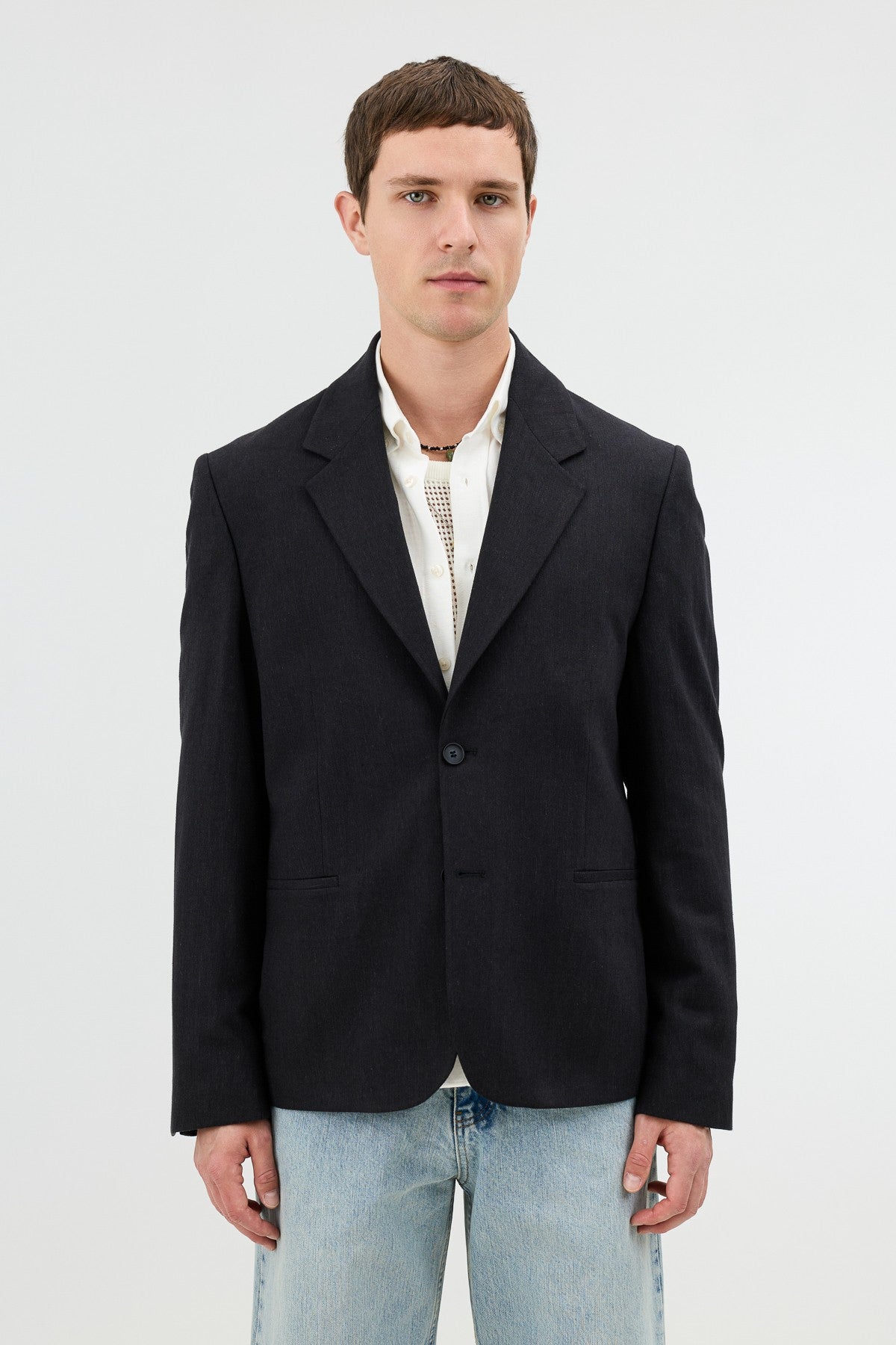 Men's Blazer Jacket with Herringbone Pattern in a Linen-Blend Fabric from Antioch