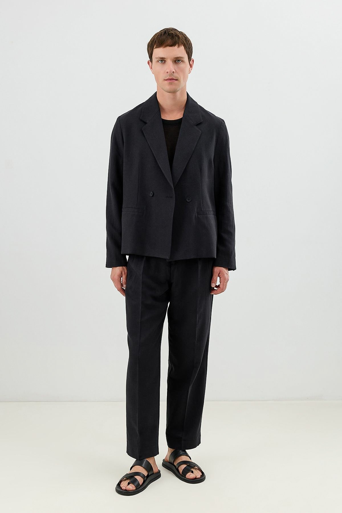 Linen-Blend Double-Breasted Relaxed-Fit Jacket