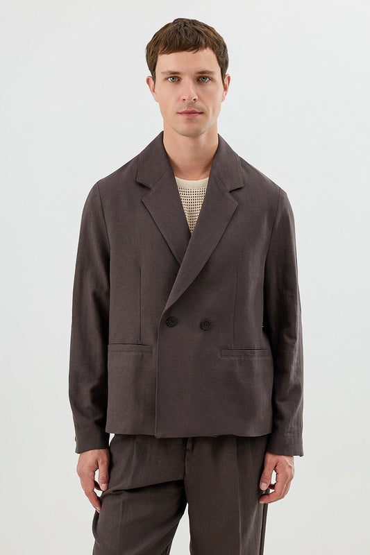 Linen-Blend Double-Breasted Relaxed-Fit Jacket