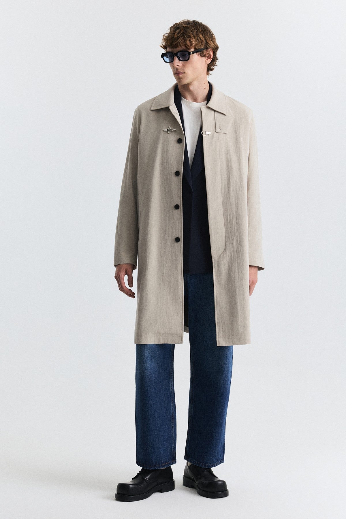 Stand-Up Collar Trench Coat with Metal Buttons