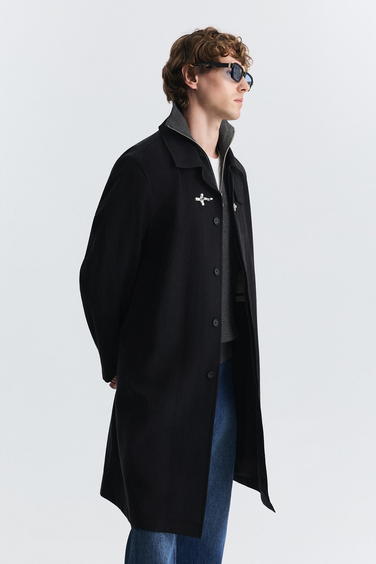 Stand-Up Collar Trench Coat with Metal Buttons