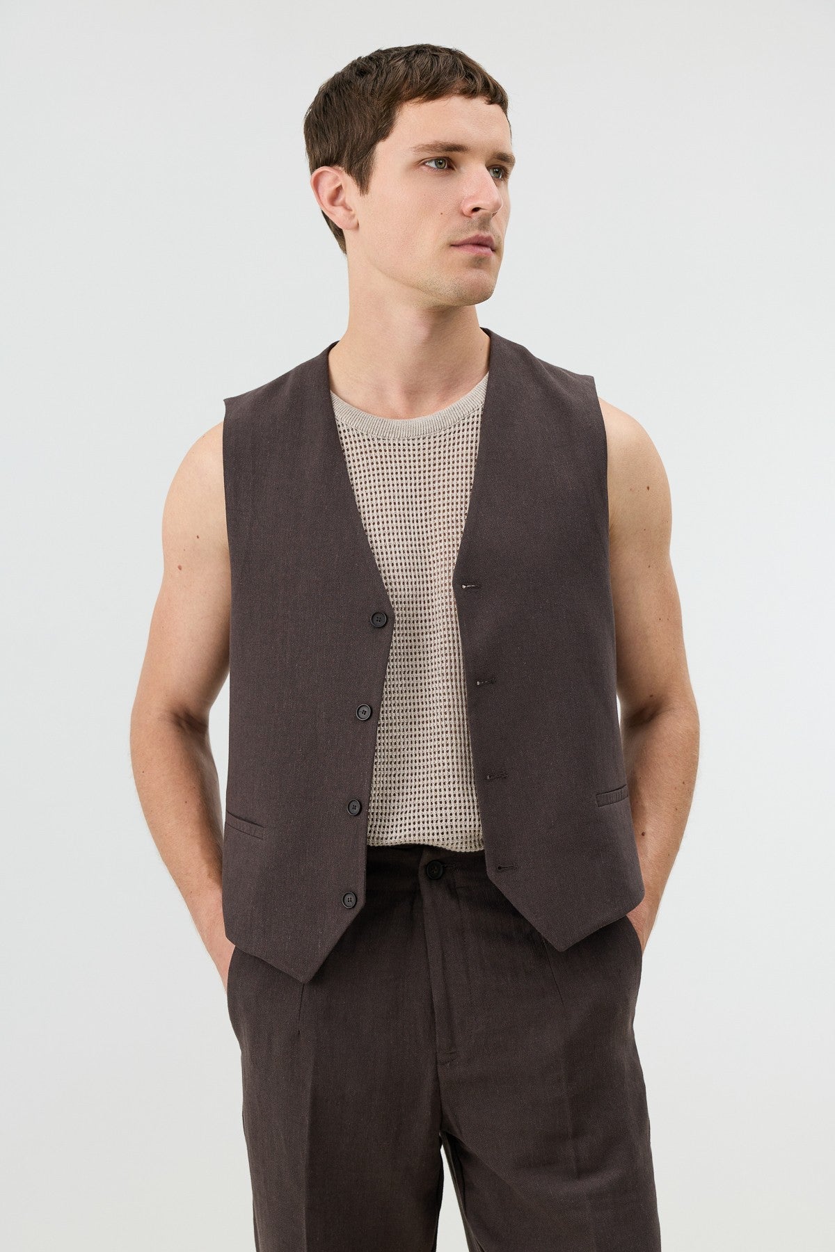 Antioch Men's Vest with Linen Blend and Herringbone Pattern