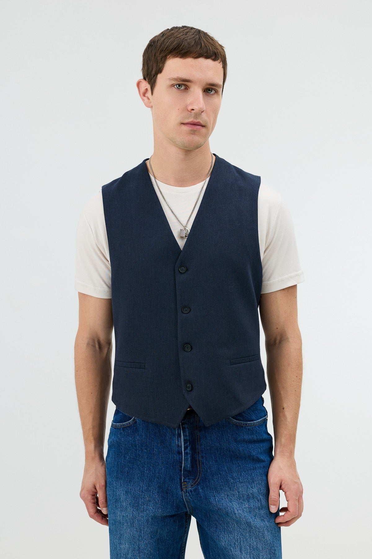 Antioch Men's Vest with Linen Blend and Herringbone Pattern