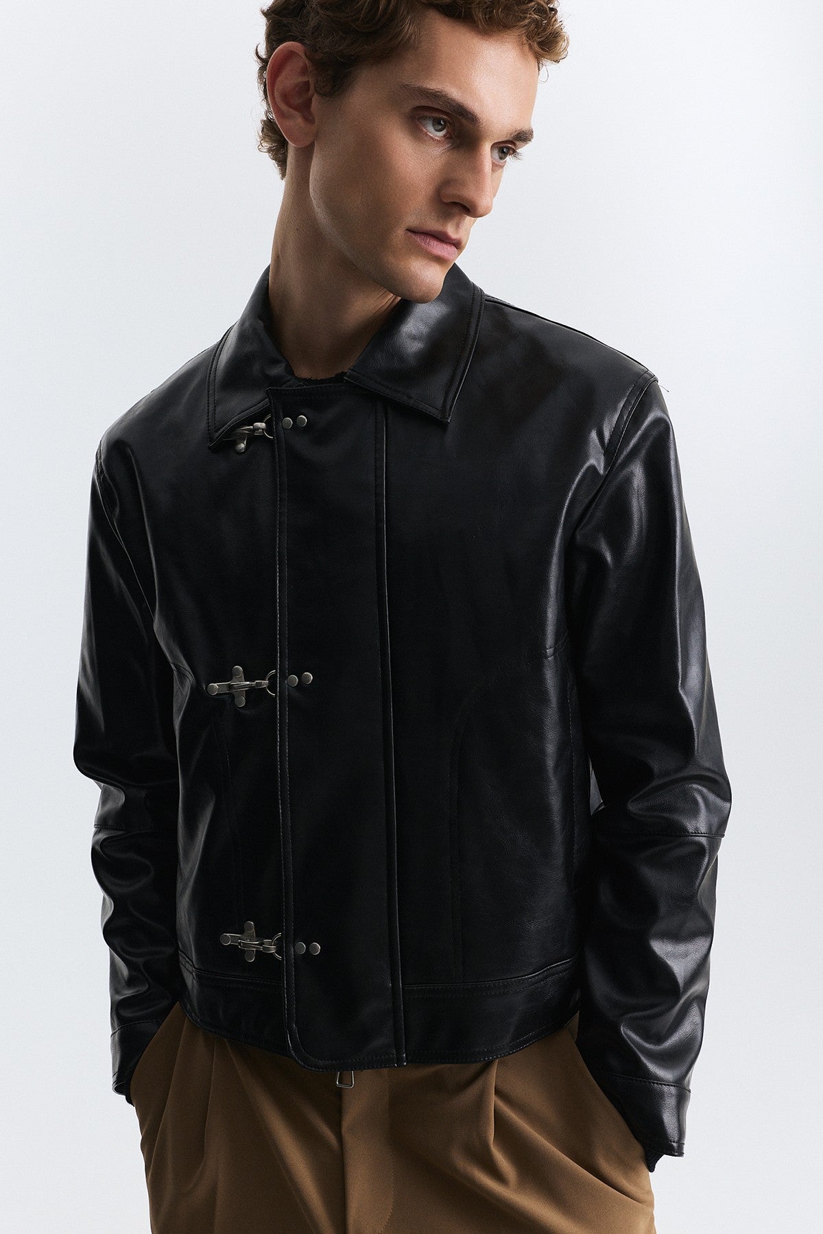 Faux Leather Jacket with Metal-Embellished Buttons