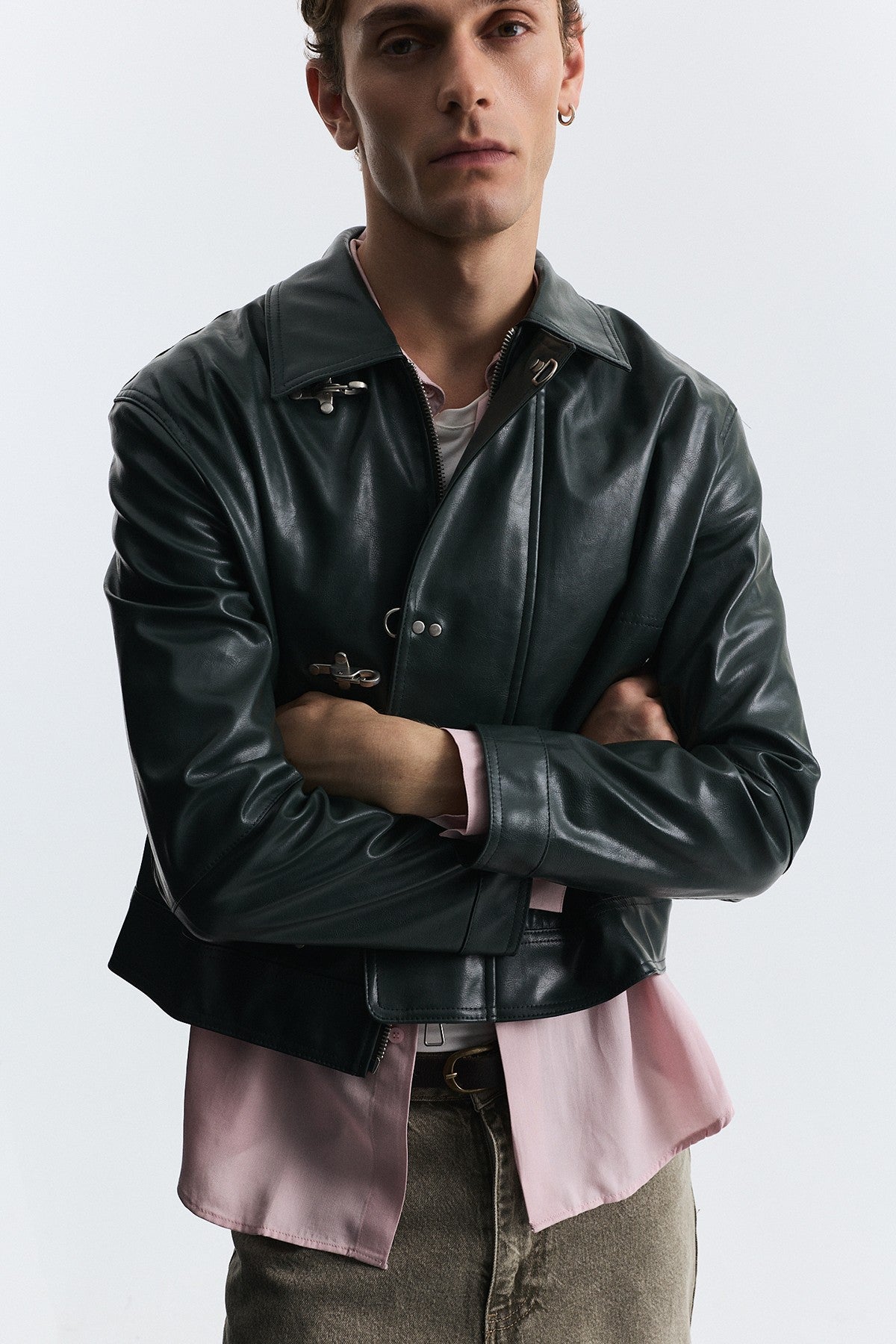 Faux Leather Jacket with Metal-Embellished Buttons