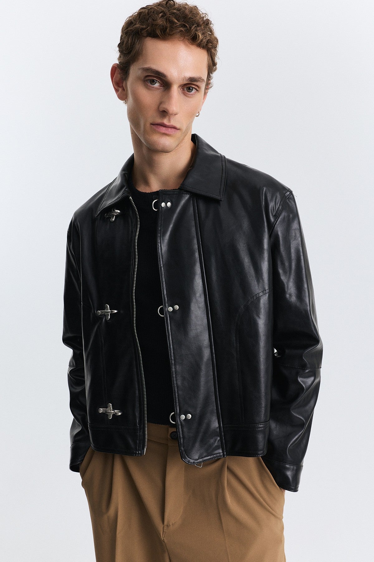 Faux Leather Jacket with Metal-Embellished Buttons