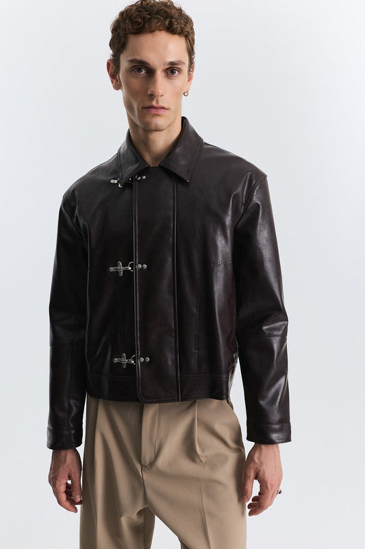 Faux Leather Jacket with Metal-Embellished Buttons