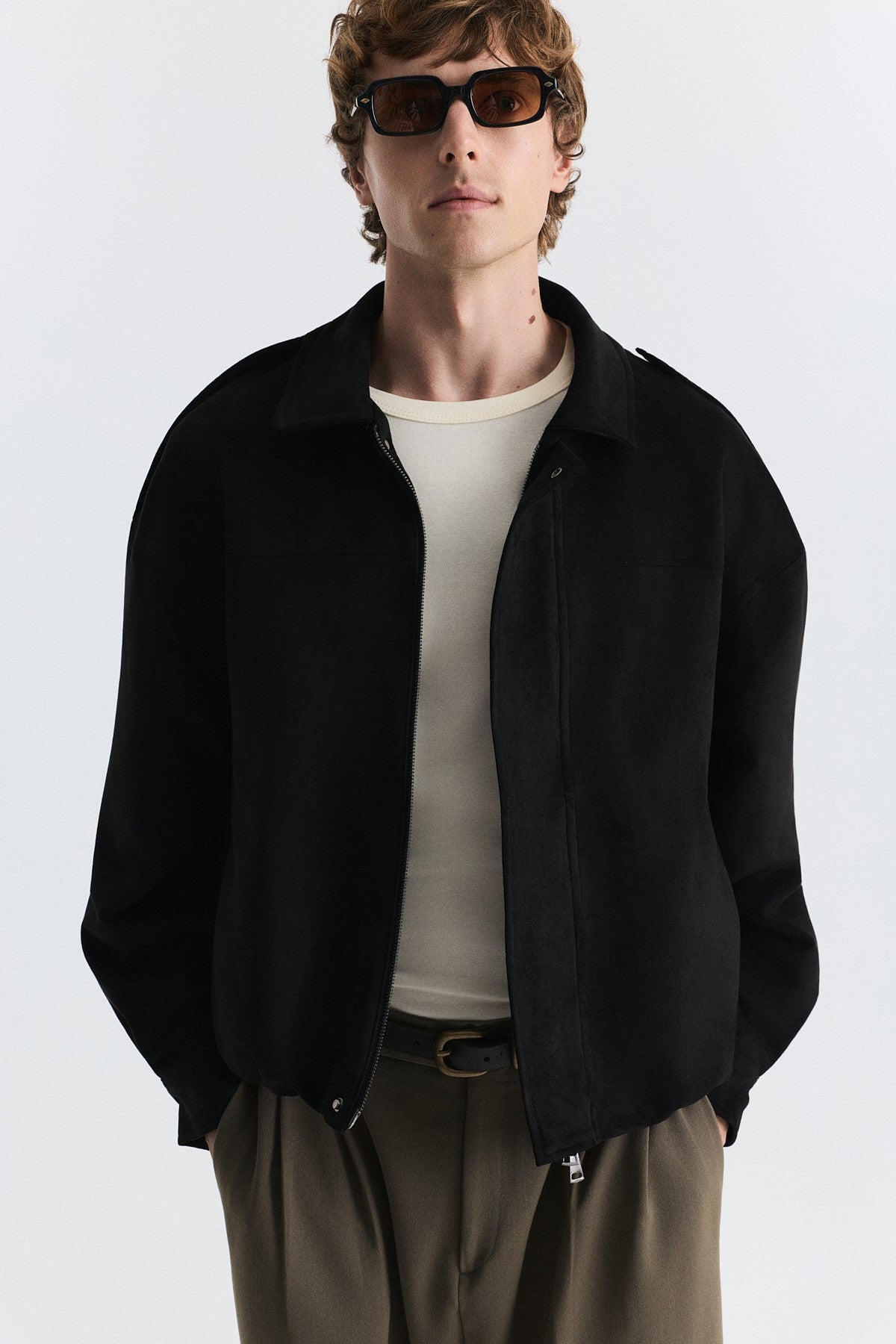 Hidden-Zip Faux Suede Jacket