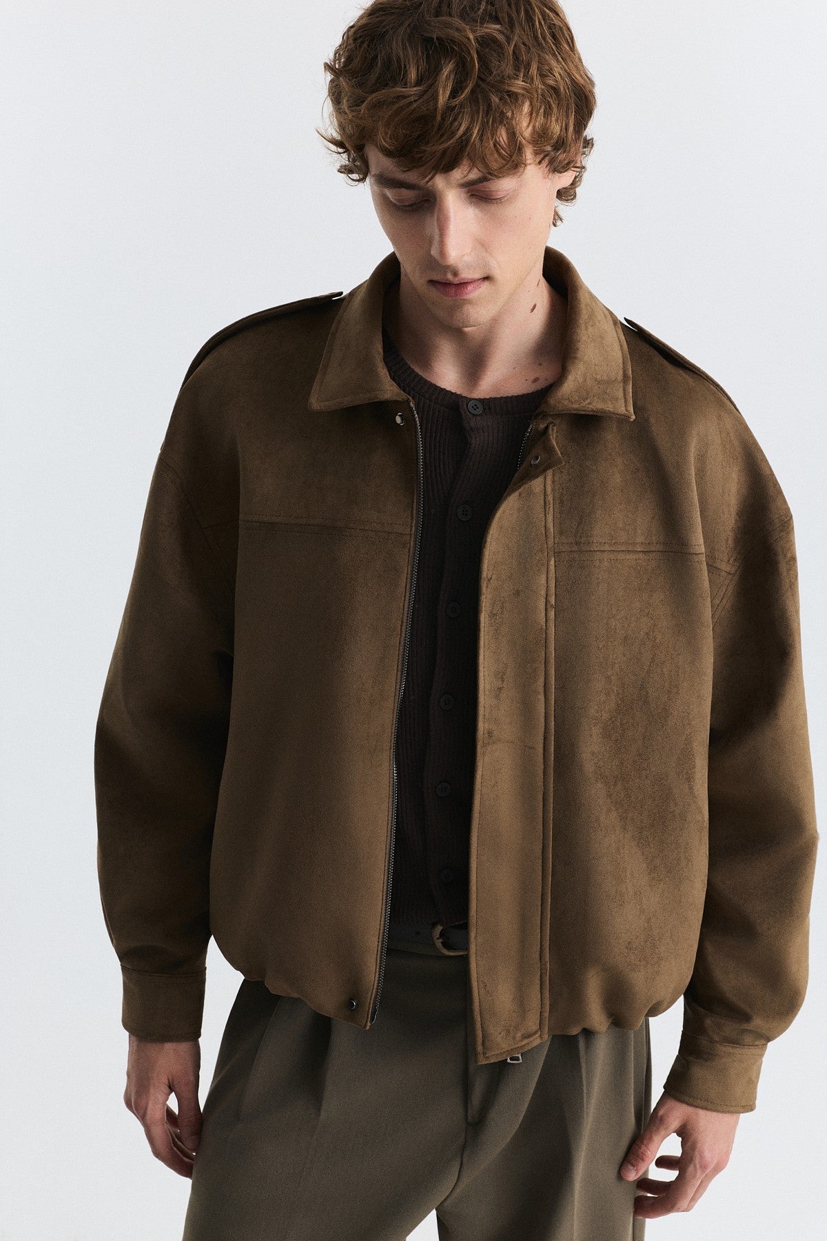 Hidden-Zip Faux Suede Jacket