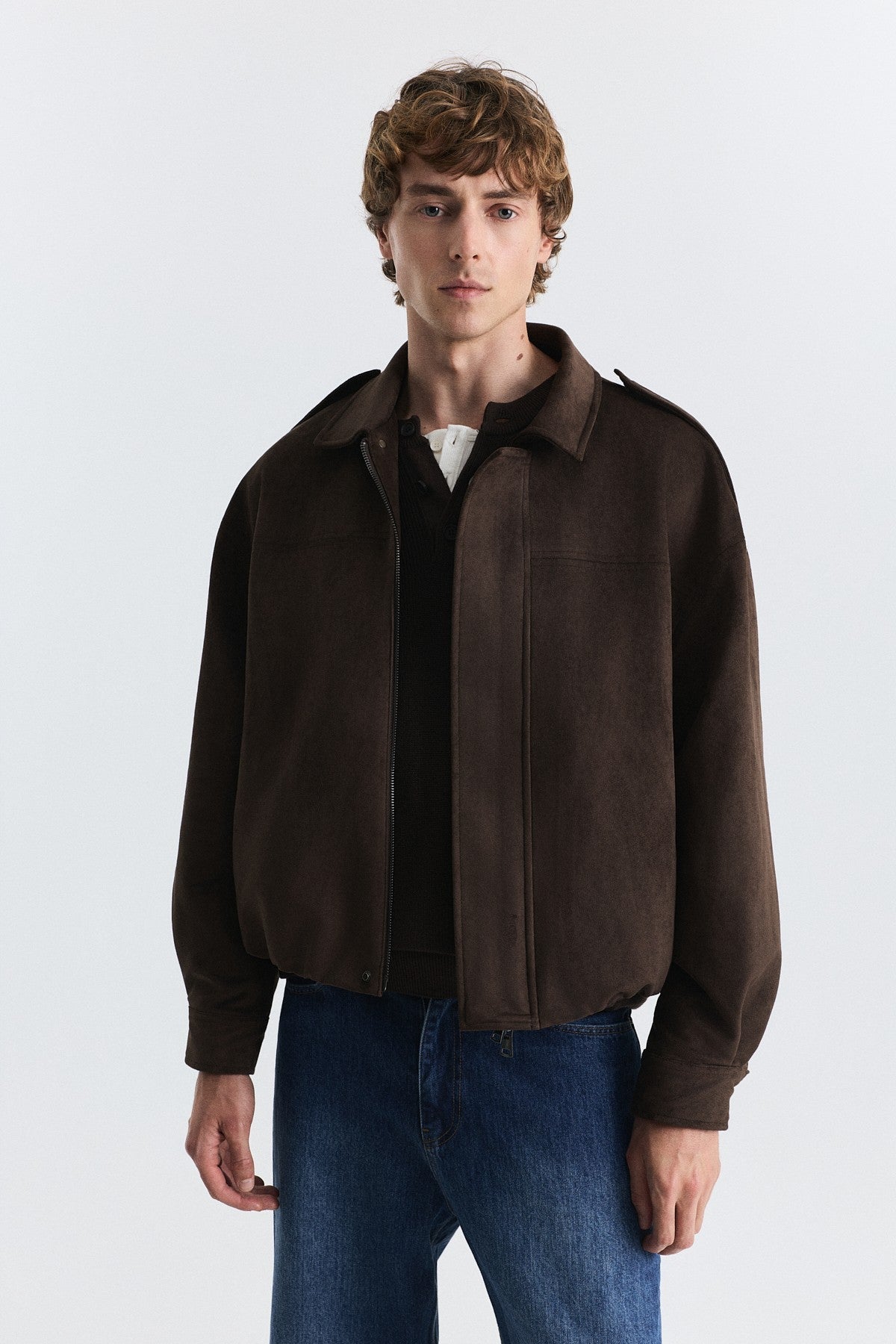 Hidden-Zip Faux Suede Jacket